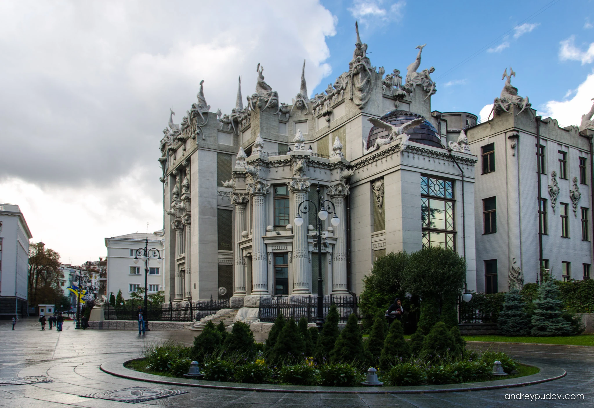 Little Russia - House with Chimaeras is an Art Nouveau building located in the historic Lypky neighborhood of Kyiv. The building has been used as a presidential residence for official and diplomatic ceremonies since 2005. The Polish architect Władysław Horodecki originally constructed the House with Chimaeras for use as his own upmarket apartment building during the period of 1901–1902. However, as the years went by, Horodecki eventually had to sell the building due to financial troubles, after which it changed ownership numerous times before finally being occupied by an official Communist Party polyclinic until the early 2000s. When the building was vacated, its interior and exterior decor were fully reconstructed and restored according to Horodecki's original plans.
