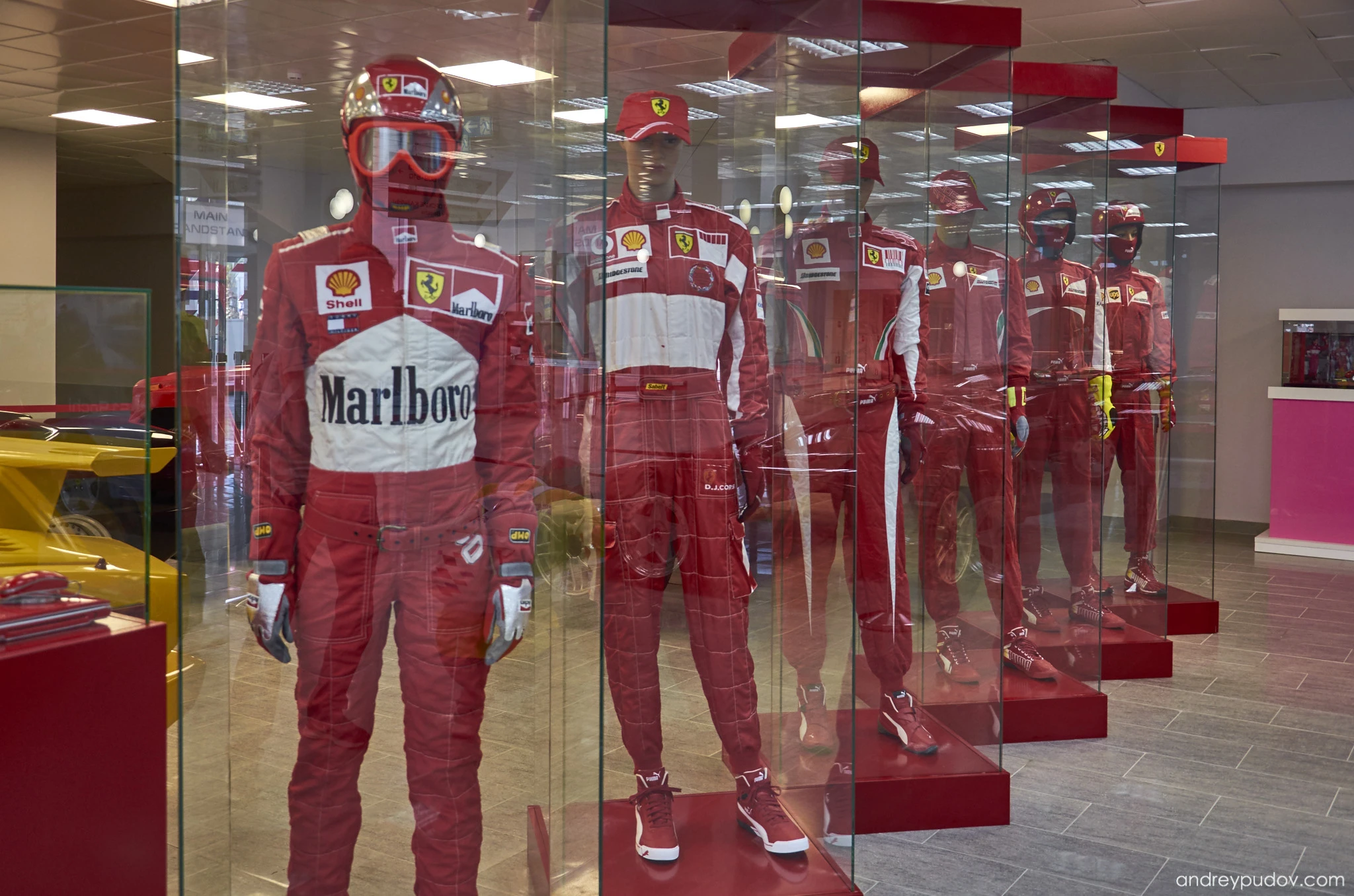 Scuderia Ferrari racing suits at Autosport Museum in the main tribune of Sochi Autodrom.