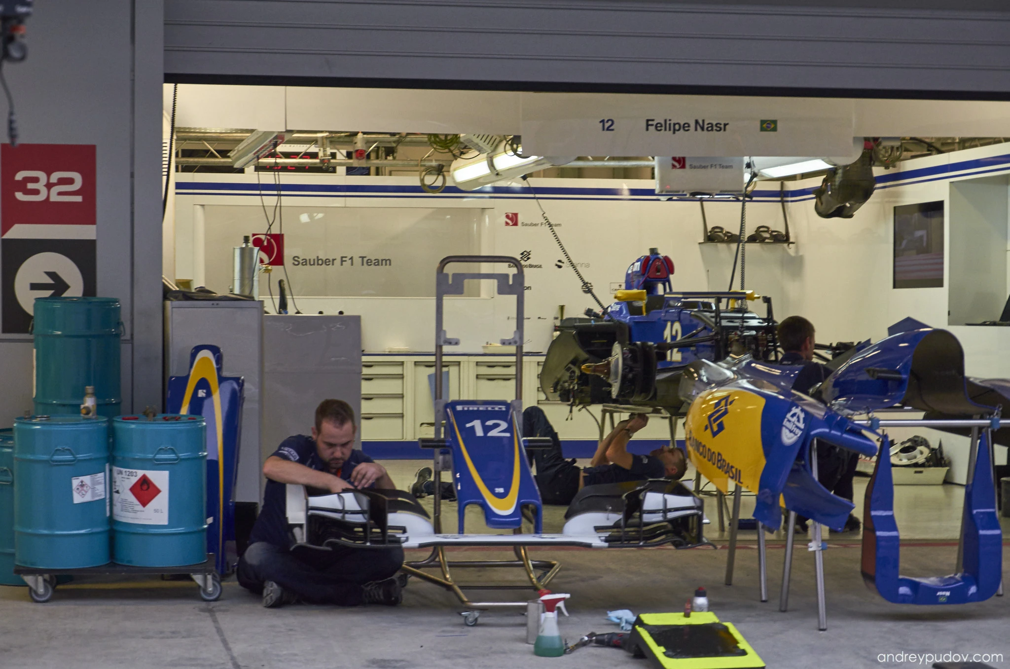 Sauber F1 Team mechanics are hard at work.

The Sauber F1 Team is a Swiss Formula One team. Founded in 1970 by Peter Sauber, the team entered F1 in 1993 and experienced a moderate amount of success (but no wins) before being sold to BMW after the 2005 season and being renamed BMW Sauber for 2006, winning a race in 2008. After 2009, BMW decided to end its involvement in the sport and sold the team back to Peter Sauber. The team ran as "BMW Sauber" in 2010 (using Ferrari engines) for the TV money, before reverting back to "Sauber" in 2011.