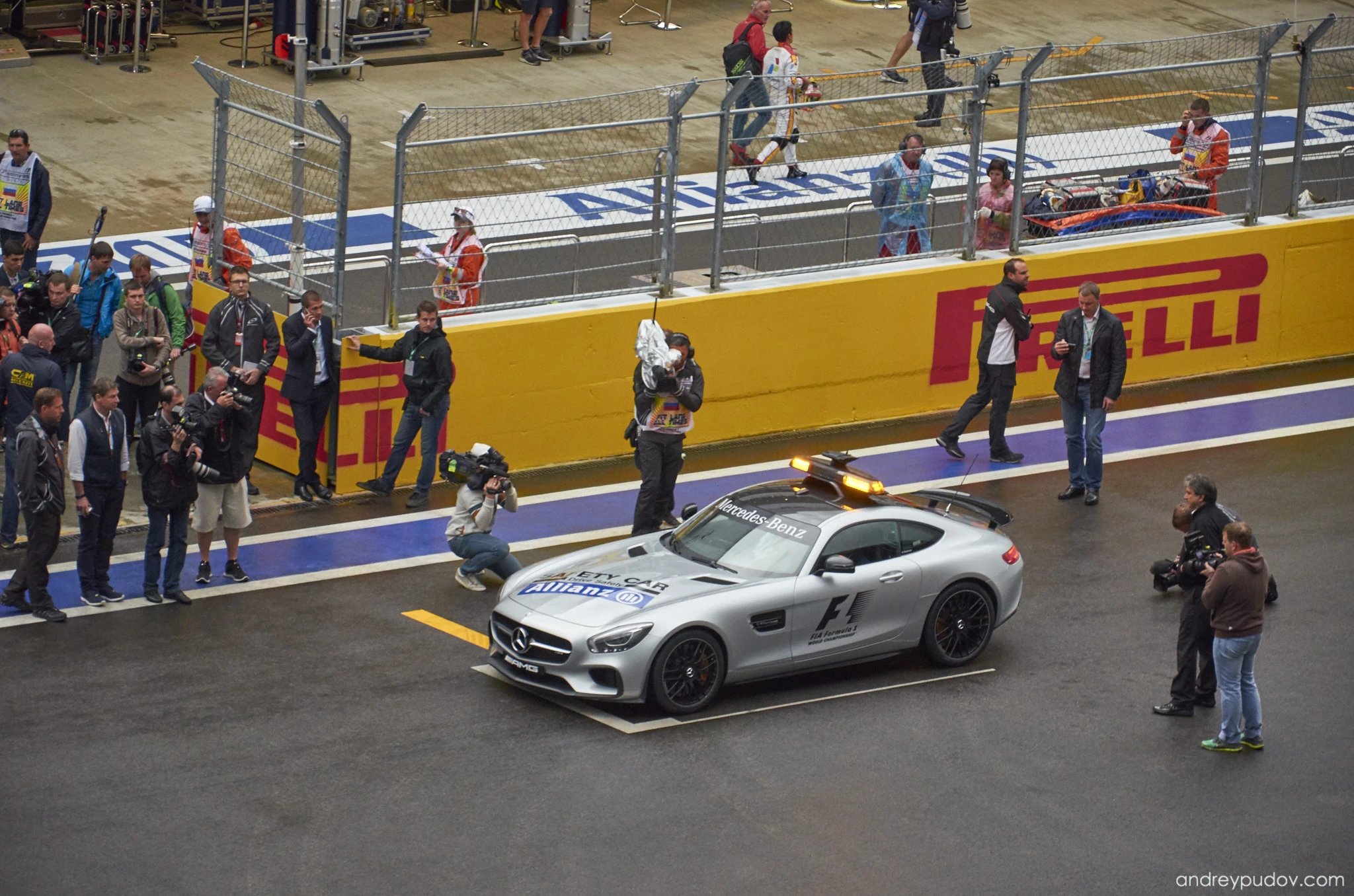 2015 Formula 1 Russian Grand Prix - Governor of Krasnodar Krai Aleksandr Tkachov (driving) and chief executive of the Formula One Group Bernie Ecclestone on an excursion across the Olympic Pack by the Safety car.