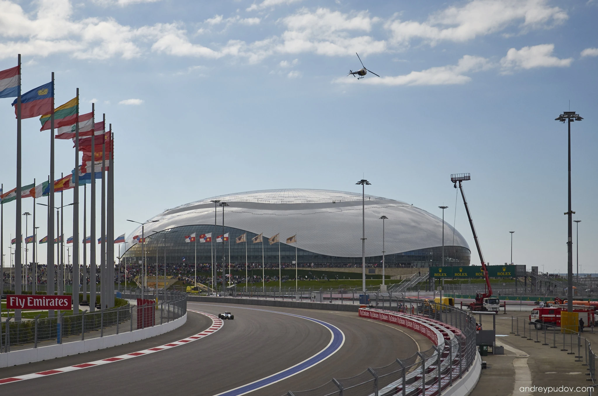 2015 Formula 1 Russian Grand Prix - The Bolshoy Ice Dome is a multi-purpose indoor arena located in Olympic Park, Sochi, Russia. Opened in 2012, the 12,000-seat arena was primarily constructed to host hockey competitions during the 2014 Winter Olympics. Following the Games, it became the home arena of HC Sochi, an expansion team of the KHL. The arena has also hosted concerts and other events. Prior to the Games, the arena hosted the IIHF World U18 Championships and Channel One Cup in 2013.

The arena's exterior is distinguished by its LED-illuminated roof, which its designers described as resembling fabergé eggs and frozen water droplets.