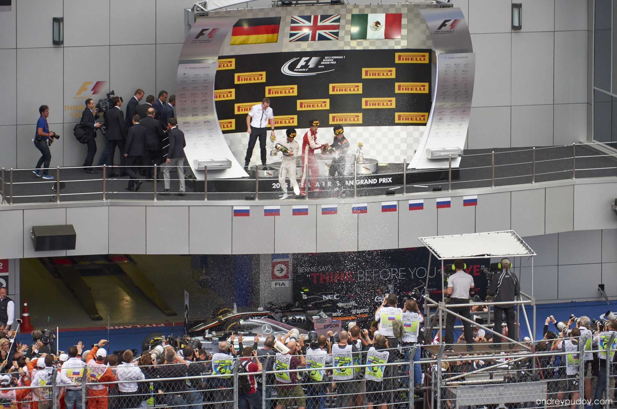 2015 Formula 1 Russian Grand Prix - Podium Ceremony

Lewis Hamilton won the race for the second season in a row, extending his Drivers' Championship lead to 66 points. With Nico Rosberg retiring early in the race, Sebastian Vettel reclaimed second place in the standings for the first time since his round two victory in Malaysia with a second-place finish. Sergio Pérez completed the podium in third for Force India.