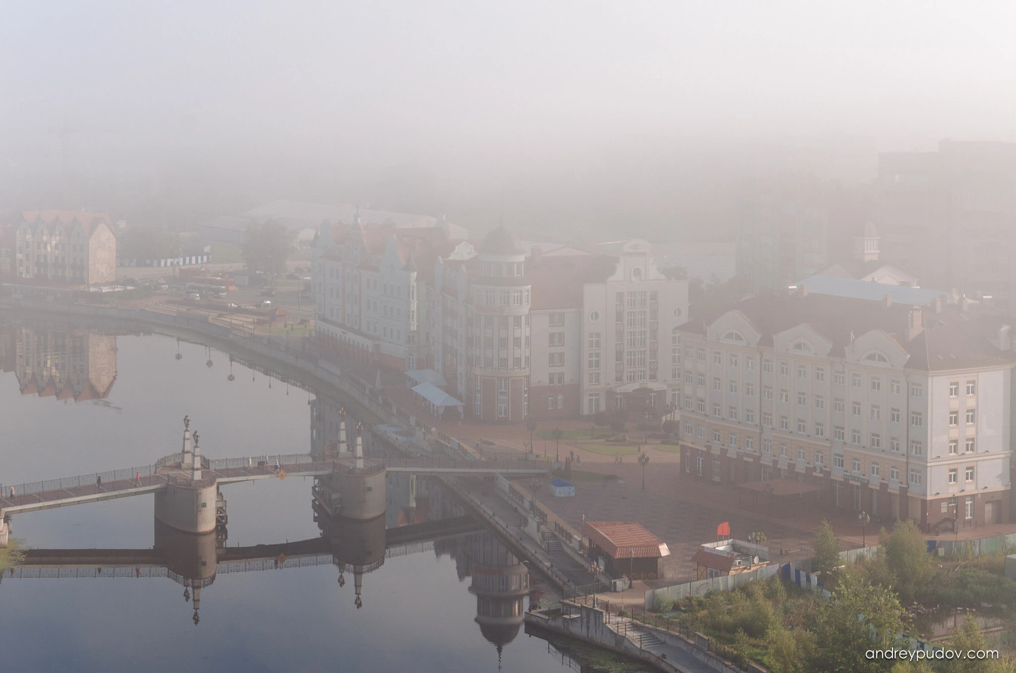 Rybnaya Derevnya. Modern riverside complex on Pregolya river, imitating architecture of Kaliningrad Prussian past.