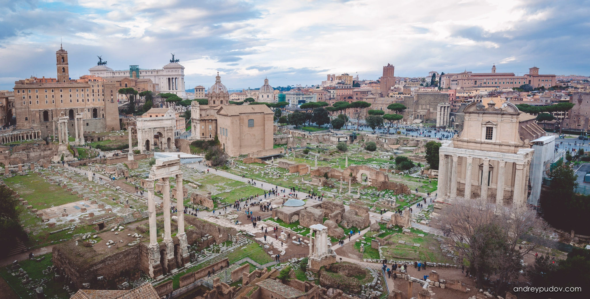 Roman Forum

The Roman Forum, also known by its Latin name Forum Romanum, is a rectangular forum (plaza) surrounded by the ruins of several important ancient government buildings at the center of the city of Rome. Citizens of the ancient city referred to this space, originally a marketplace, as the Forum Magnum, or simply the Forum.

For centuries the Forum was the center of day-to-day life in Rome: the site of triumphal processions and elections; the venue for public speeches, criminal trials, and gladiatorial matches; and the nucleus of commercial affairs. Here statues and monuments commemorated the city's great men. The teeming heart of ancient Rome, it has been called the most celebrated meeting place in the world, and in all history. Located in the small valley between the Palatine and Capitoline Hills, the Forum today is a sprawling ruin of architectural fragments and intermittent archaeological excavations attracting 4.5 million or more sightseers yearly.